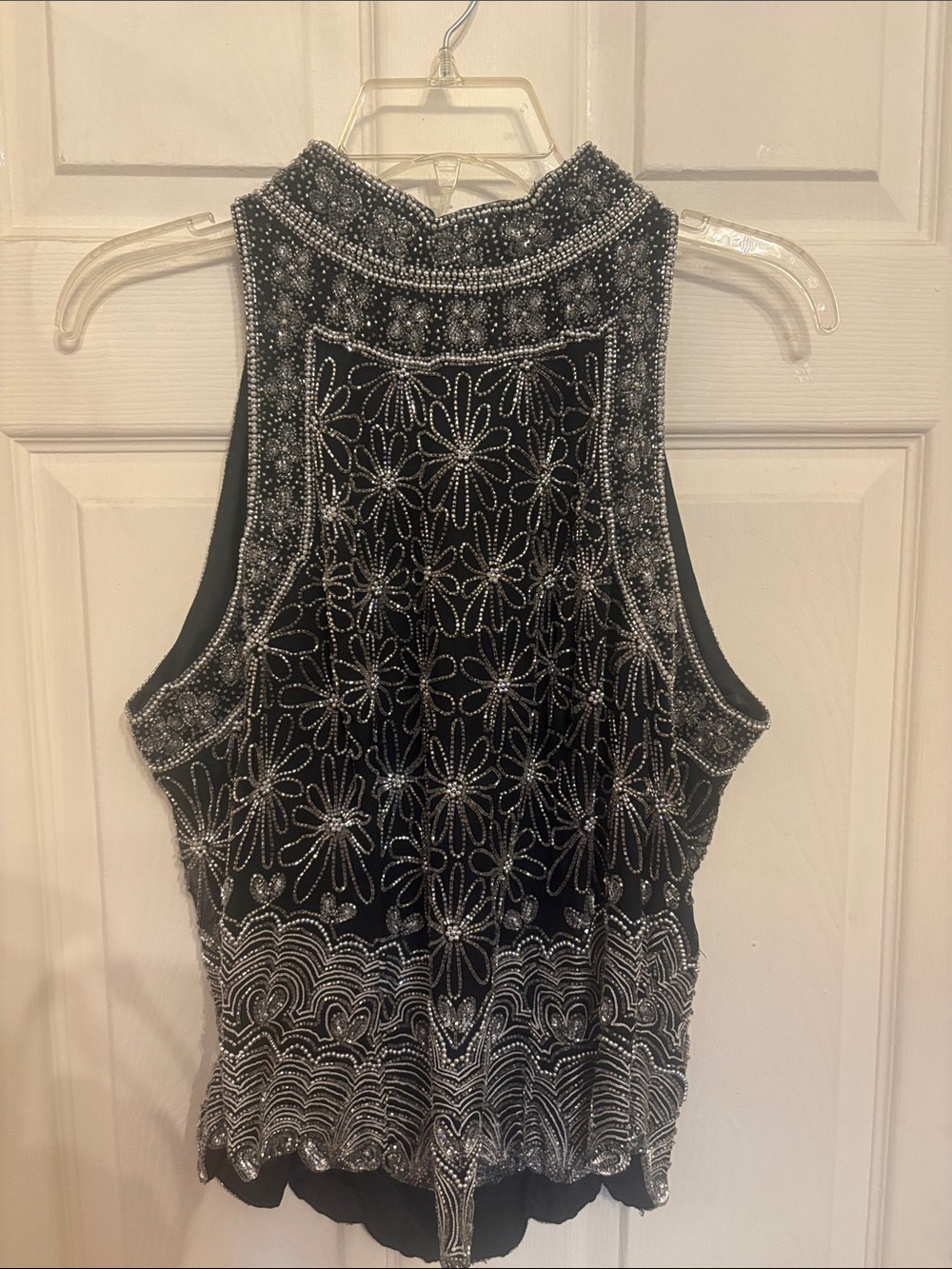 Papell Boutique Black Beaded Backless Halter Top